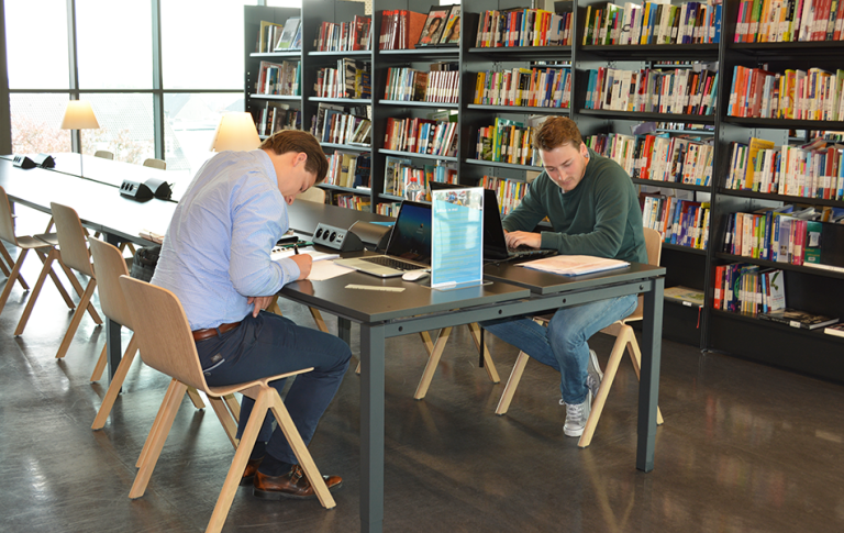 Twee jongens aan het studeren in de bib